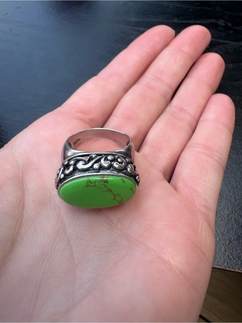 Vintage Bohemian Green Turquoise  Sterling Silver Statement Ring - Size 7.75
